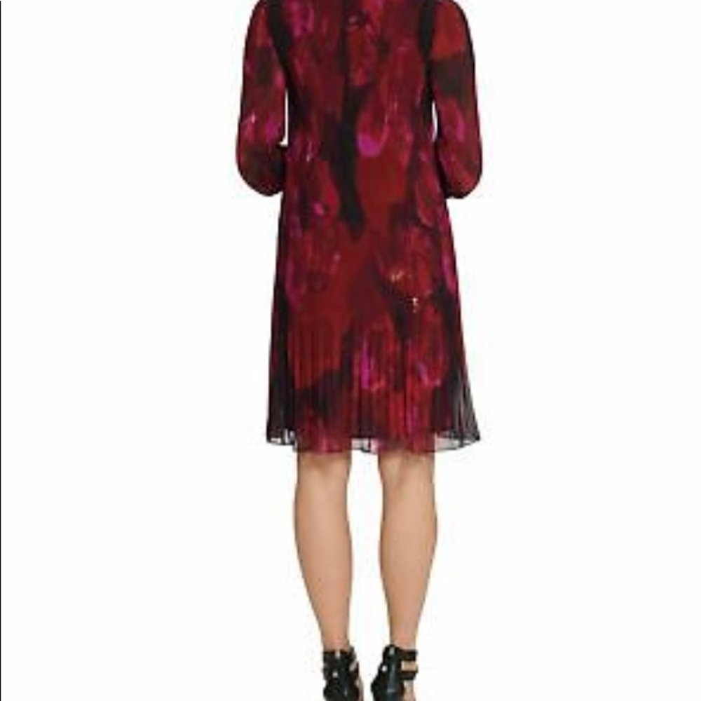 DKNY Womens Red Pleated Long Sleeve Tie Neck Mini Evening Dress